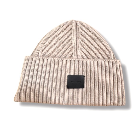 All Saints Traveling Ribbed Logo Beanie Hat Leather Cortina Beige - Picture 2 of 5